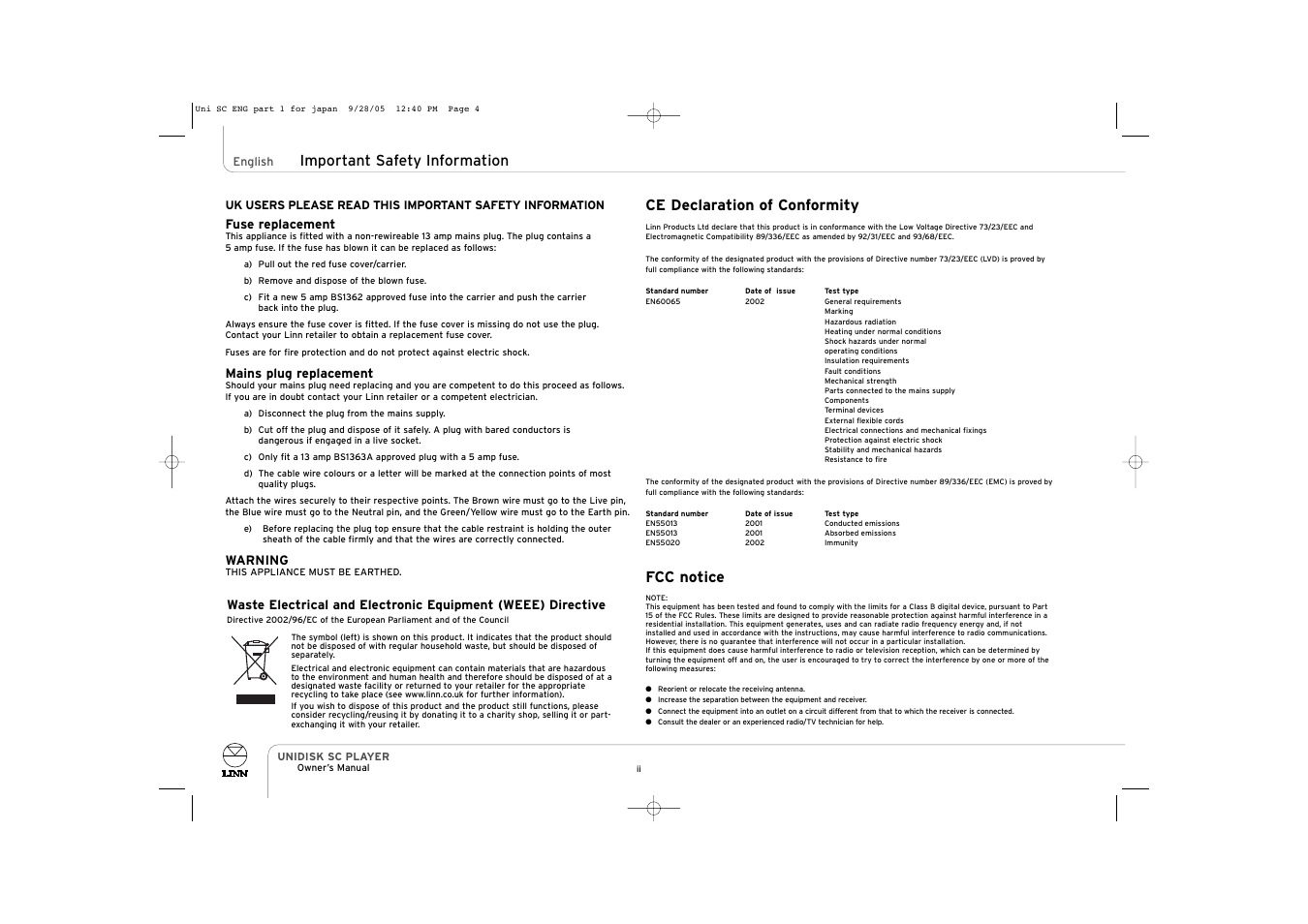 Ce declaration of conformity, Fcc notice, Important safety information | ENG Electric UNIDISK SC PLAYER User Manual | Page 4 / 42