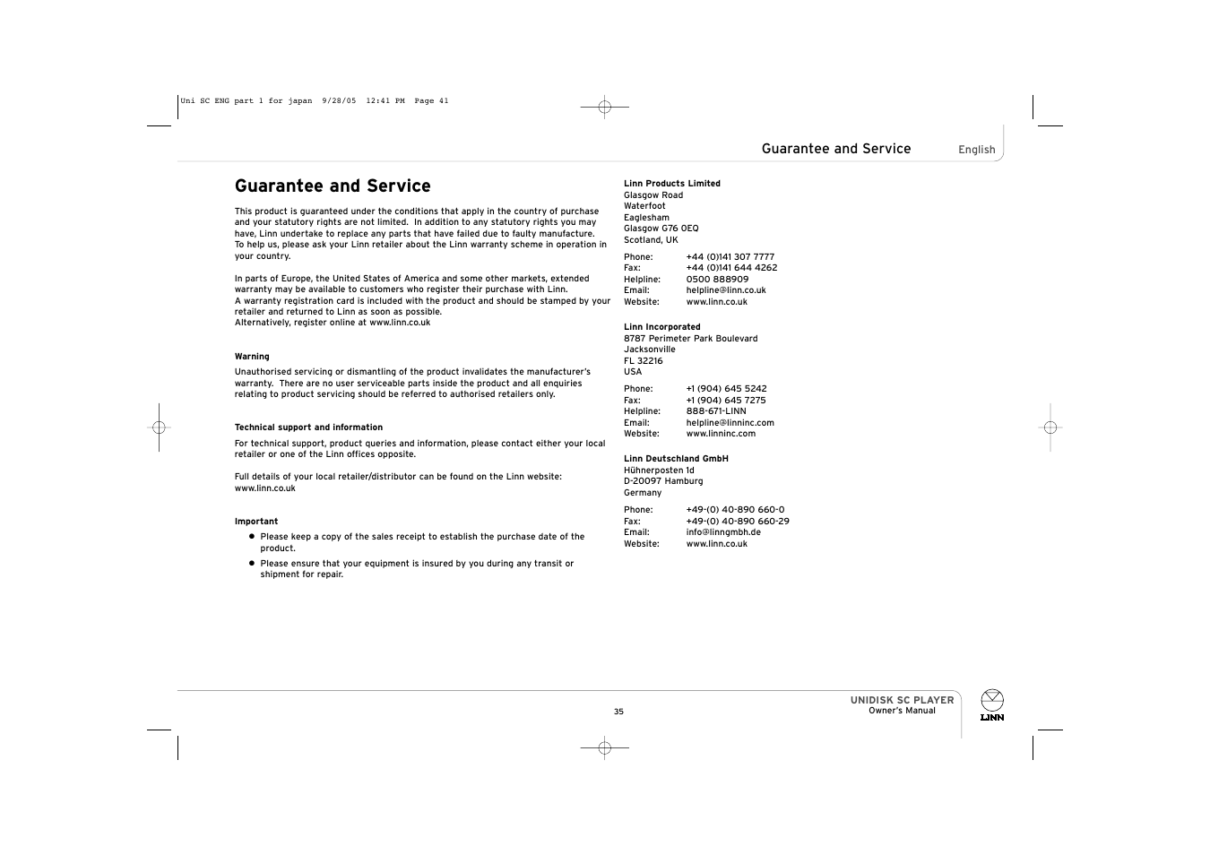 Guarantee and service | ENG Electric UNIDISK SC PLAYER User Manual | Page 41 / 42