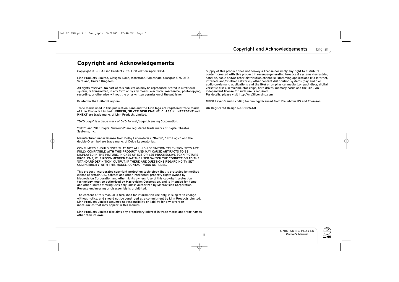 Copyright and acknowledgements | ENG Electric UNIDISK SC PLAYER User Manual | Page 5 / 42