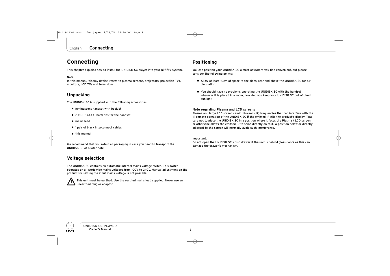 Connecting, Unpacking, Voltage selection | Positioning | ENG Electric UNIDISK SC PLAYER User Manual | Page 8 / 42