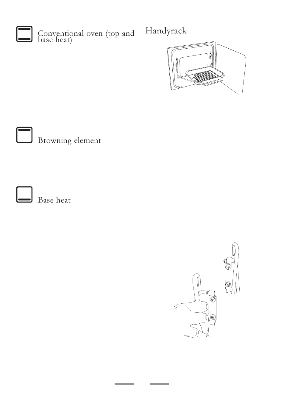 Handyrack, Conventional oven (top and base heat), Browning element | Base heat | ELAN Home Systems U102110-07 User Manual | Page 13 / 40