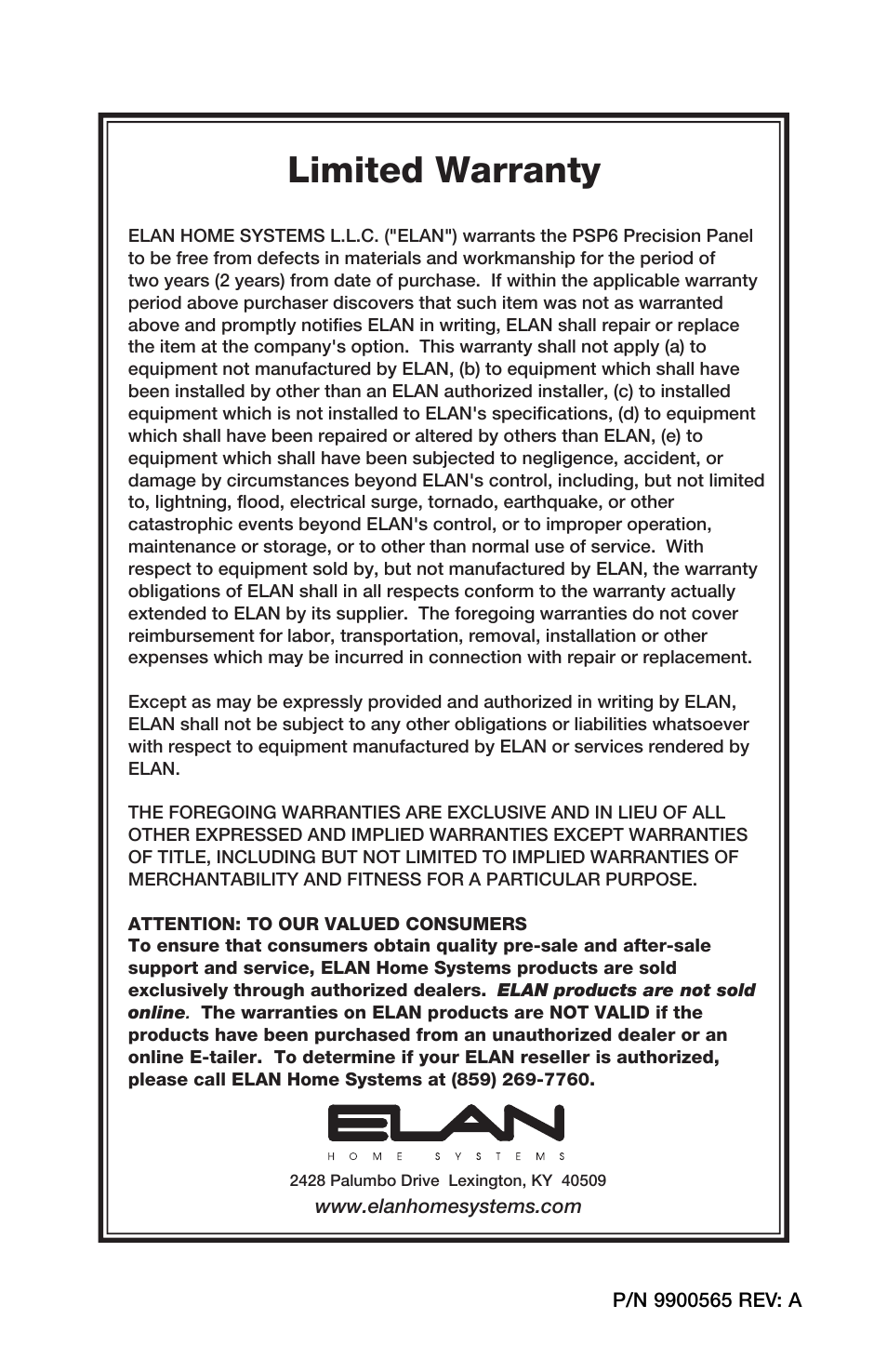 Limited warranty | ELAN Home Systems PSP6 User Manual | Page 8 / 8
