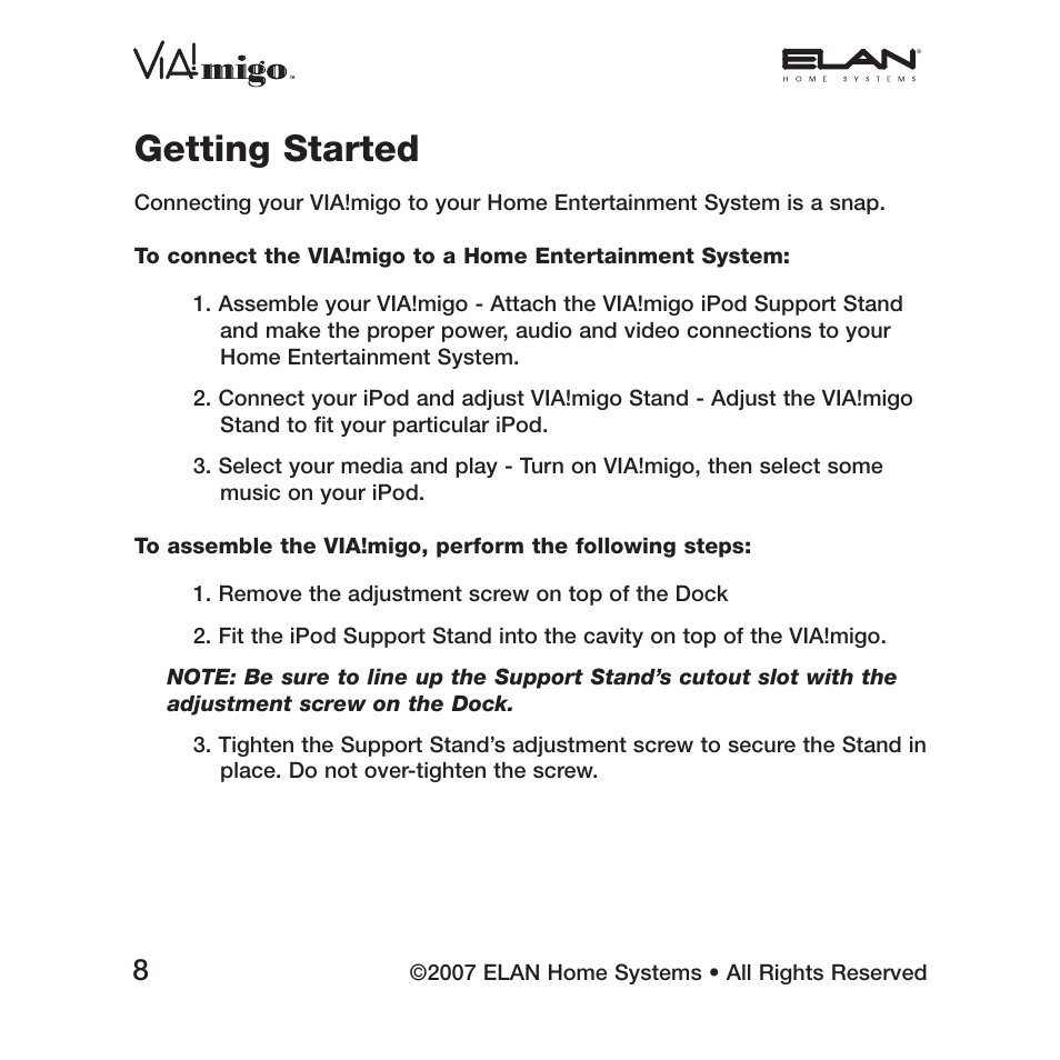 Getting started | ELAN Home Systems iPod Integration Dock VIA!migo User Manual | Page 10 / 44