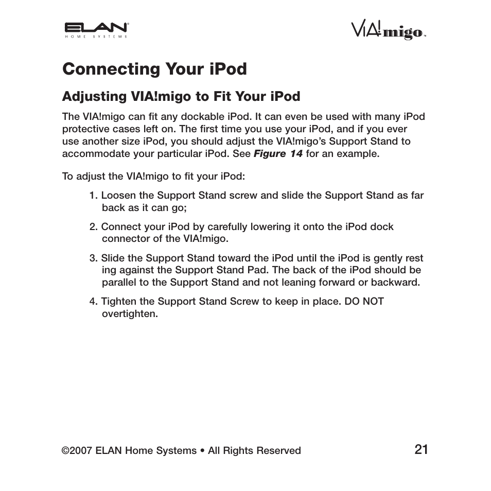 Connecting your ipod, Adjusting via!migo to fit your ipod | ELAN Home Systems iPod Integration Dock VIA!migo User Manual | Page 23 / 44