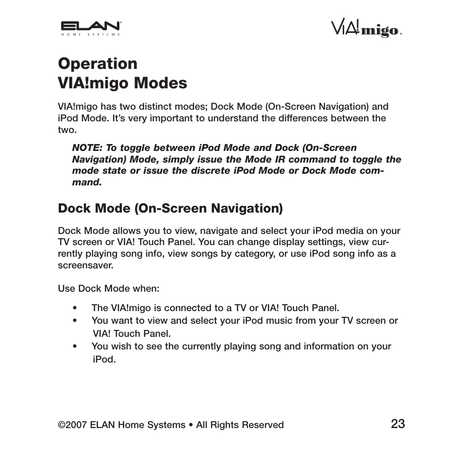 Operation via!migo modes, Dock mode (on-screen navigation) | ELAN Home Systems iPod Integration Dock VIA!migo User Manual | Page 25 / 44