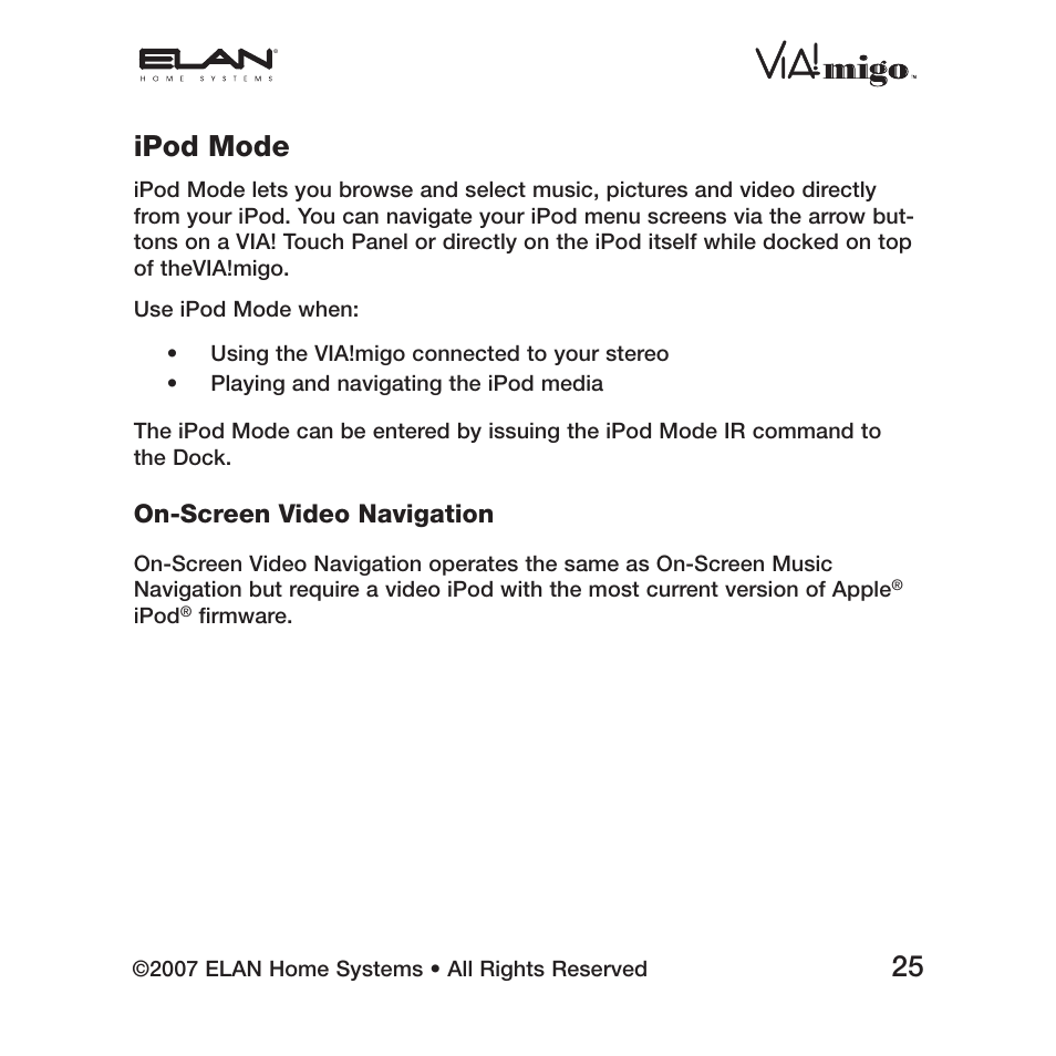 Ipod mode, On-screen video navigation | ELAN Home Systems iPod Integration Dock VIA!migo User Manual | Page 27 / 44