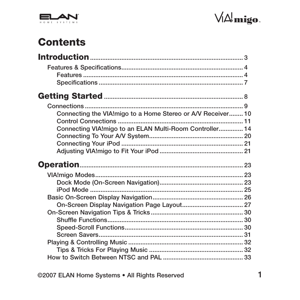 ELAN Home Systems iPod Integration Dock VIA!migo User Manual | Page 3 / 44
