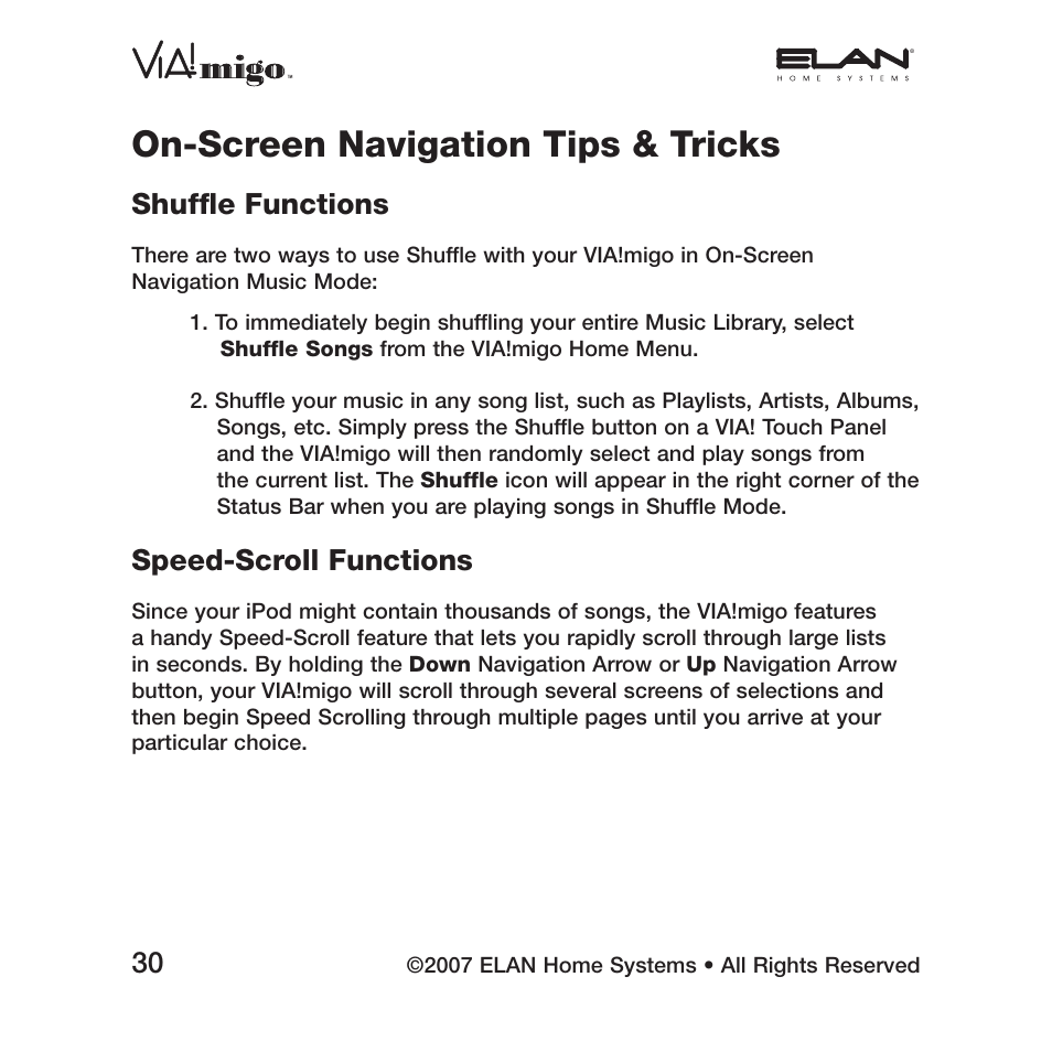 On-screen navigation tips & tricks, Shufﬂ e functions, Speed-scroll functions | ELAN Home Systems iPod Integration Dock VIA!migo User Manual | Page 32 / 44