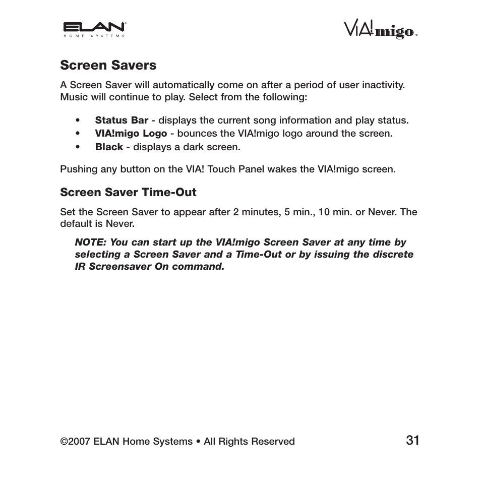 Screen savers | ELAN Home Systems iPod Integration Dock VIA!migo User Manual | Page 33 / 44