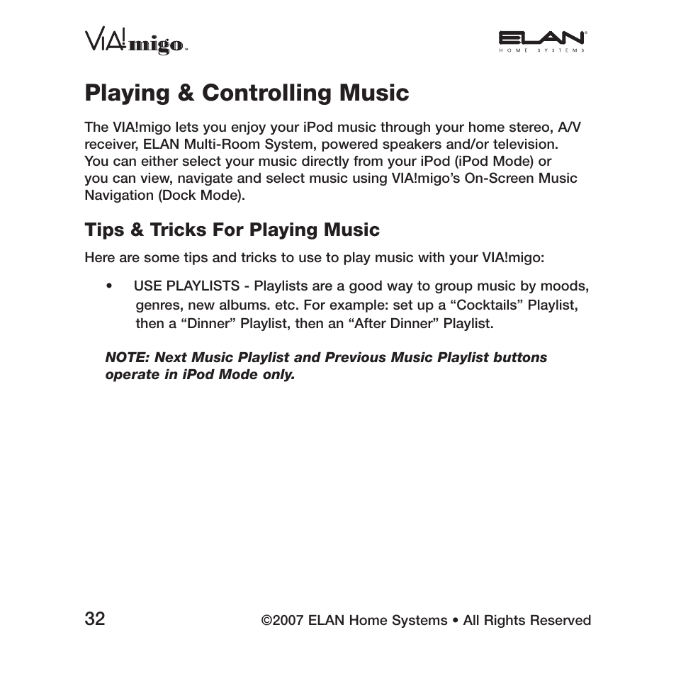 Playing & controlling music, Tips & tricks for playing music | ELAN Home Systems iPod Integration Dock VIA!migo User Manual | Page 34 / 44