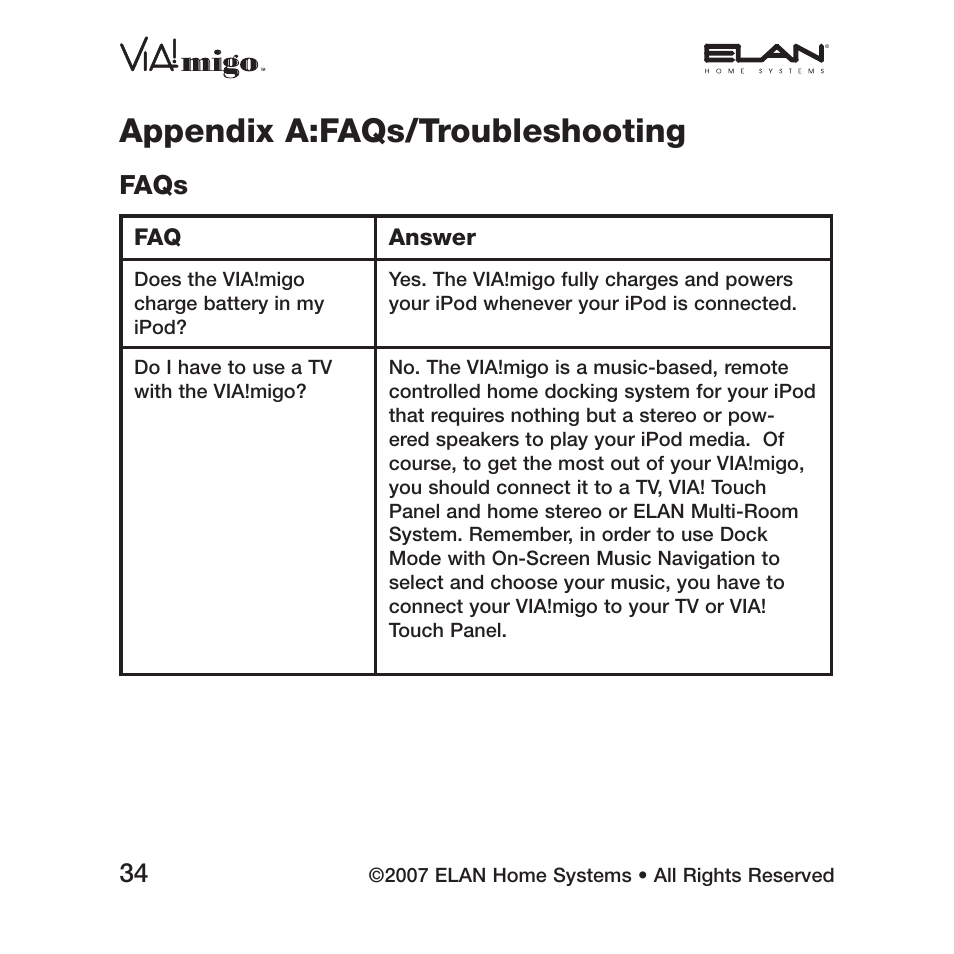 Appendix a:faqs/troubleshooting, Faqs | ELAN Home Systems iPod Integration Dock VIA!migo User Manual | Page 36 / 44