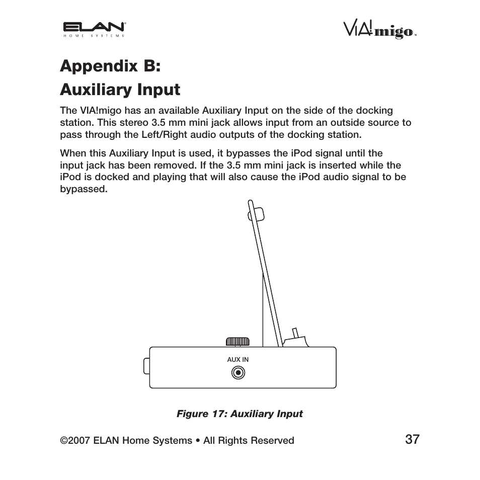 Appendix b: auxiliary input | ELAN Home Systems iPod Integration Dock VIA!migo User Manual | Page 39 / 44