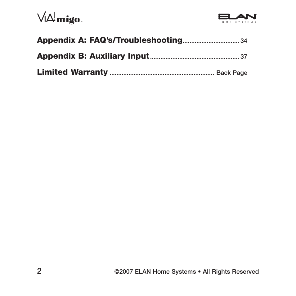 Appendix a: faq’s/troubleshooting, Appendix b: auxiliary input, Limited warranty | ELAN Home Systems iPod Integration Dock VIA!migo User Manual | Page 4 / 44