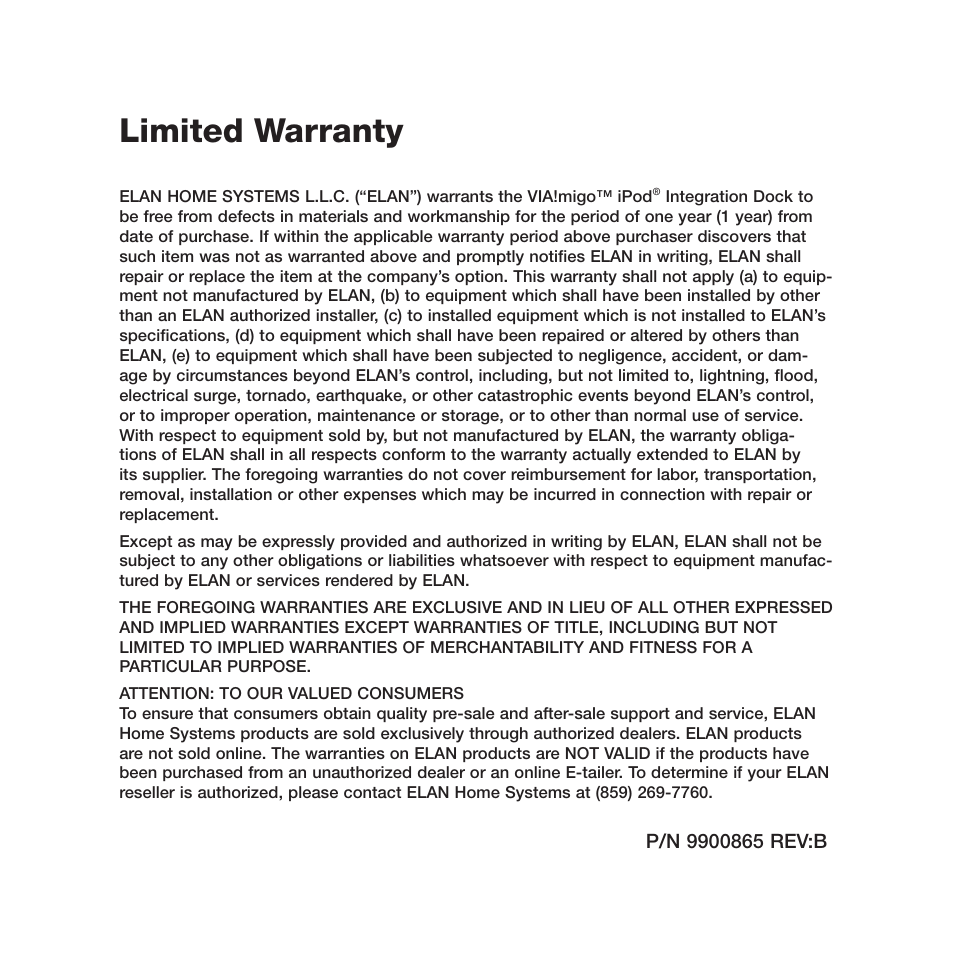 Limited warranty | ELAN Home Systems iPod Integration Dock VIA!migo User Manual | Page 44 / 44