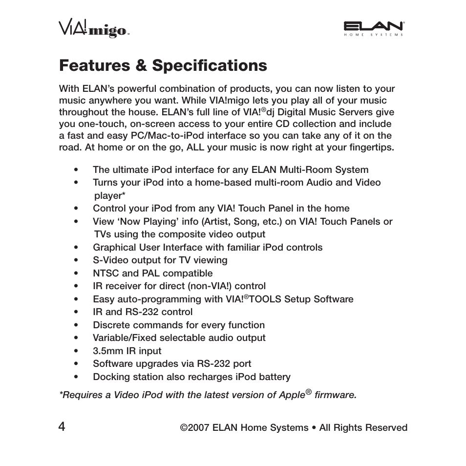 Features & speciﬁ cations | ELAN Home Systems iPod Integration Dock VIA!migo User Manual | Page 6 / 44