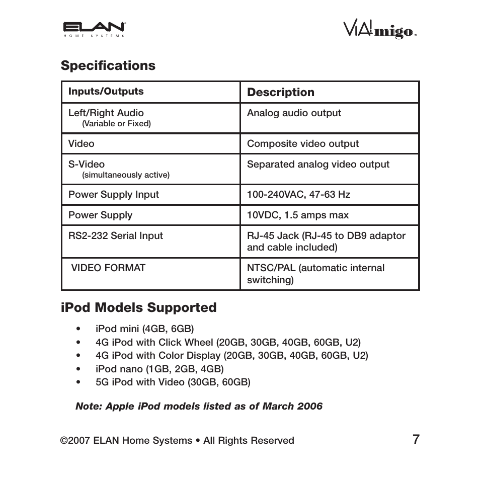 Speciﬁ cations, Ipod models supported | ELAN Home Systems iPod Integration Dock VIA!migo User Manual | Page 9 / 44