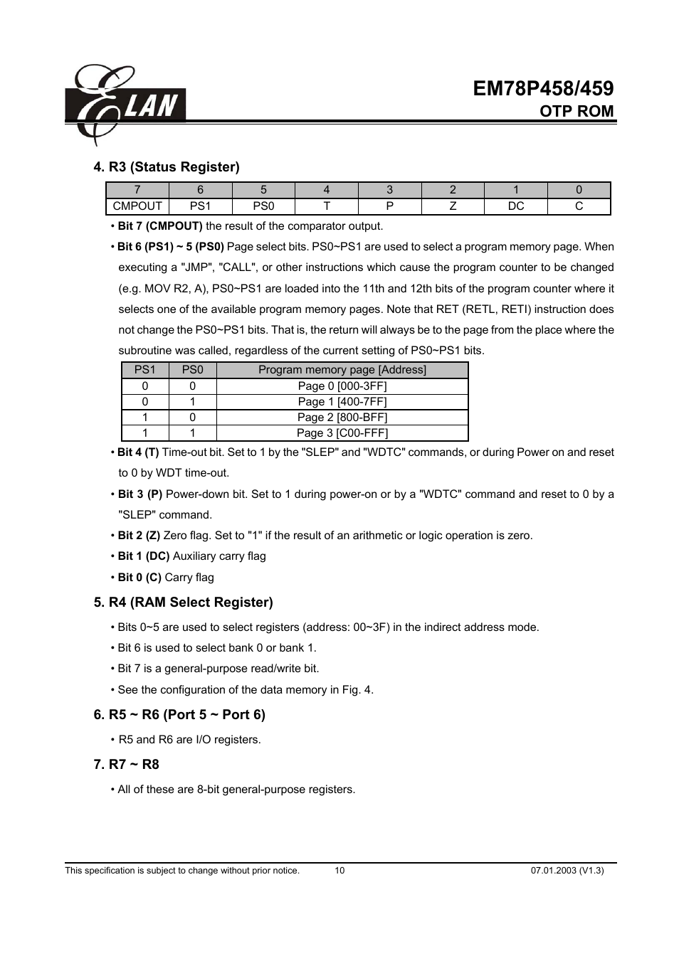 Otp rom | ELAN Home Systems EM78P458 User Manual | Page 10 / 60