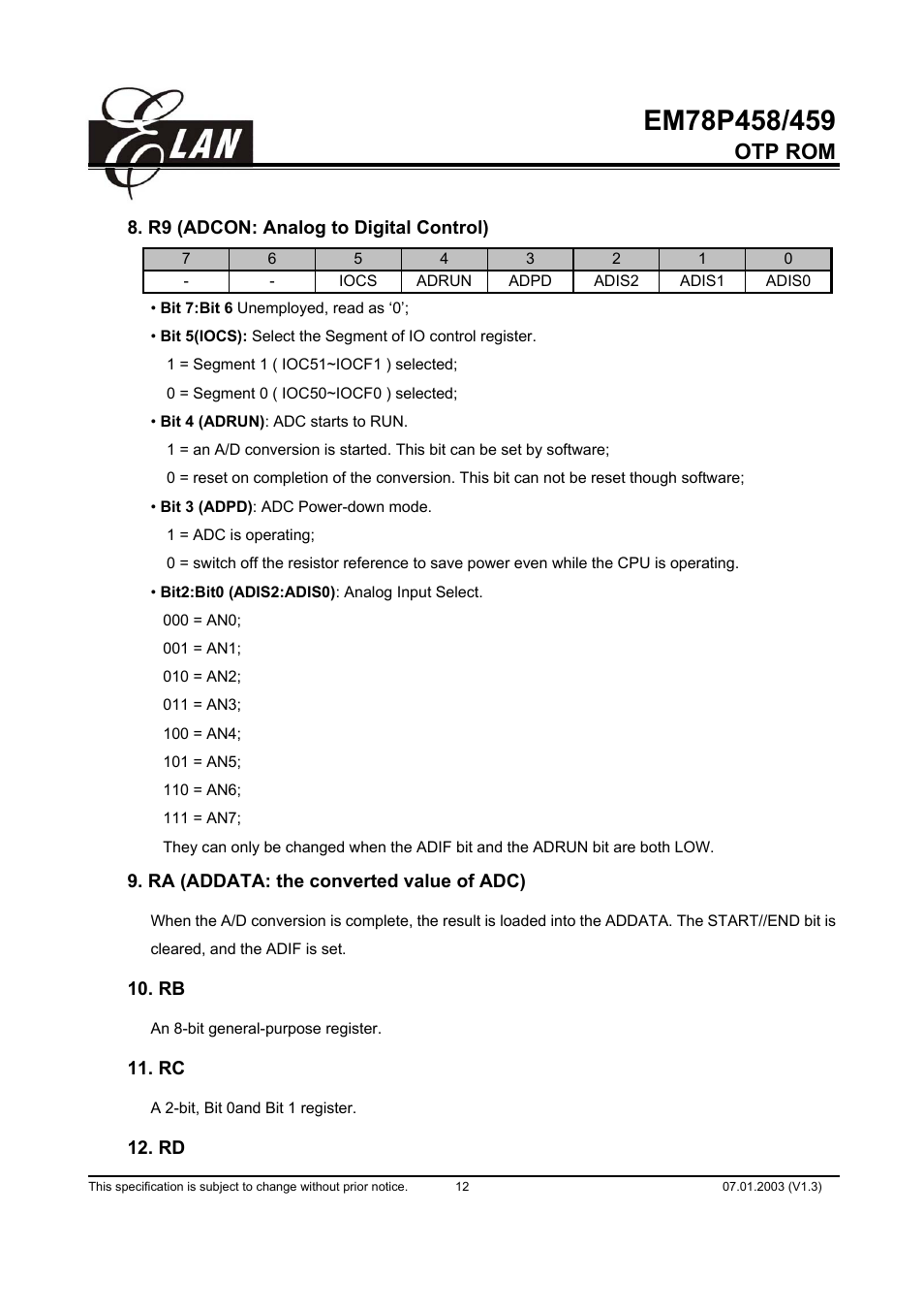 Otp rom | ELAN Home Systems EM78P458 User Manual | Page 12 / 60