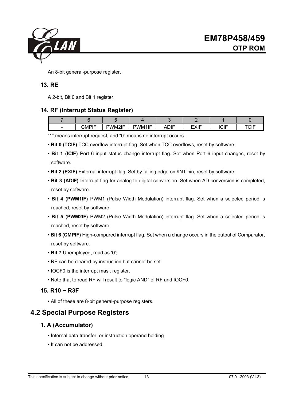 Otp rom, 2 special purpose registers | ELAN Home Systems EM78P458 User Manual | Page 13 / 60