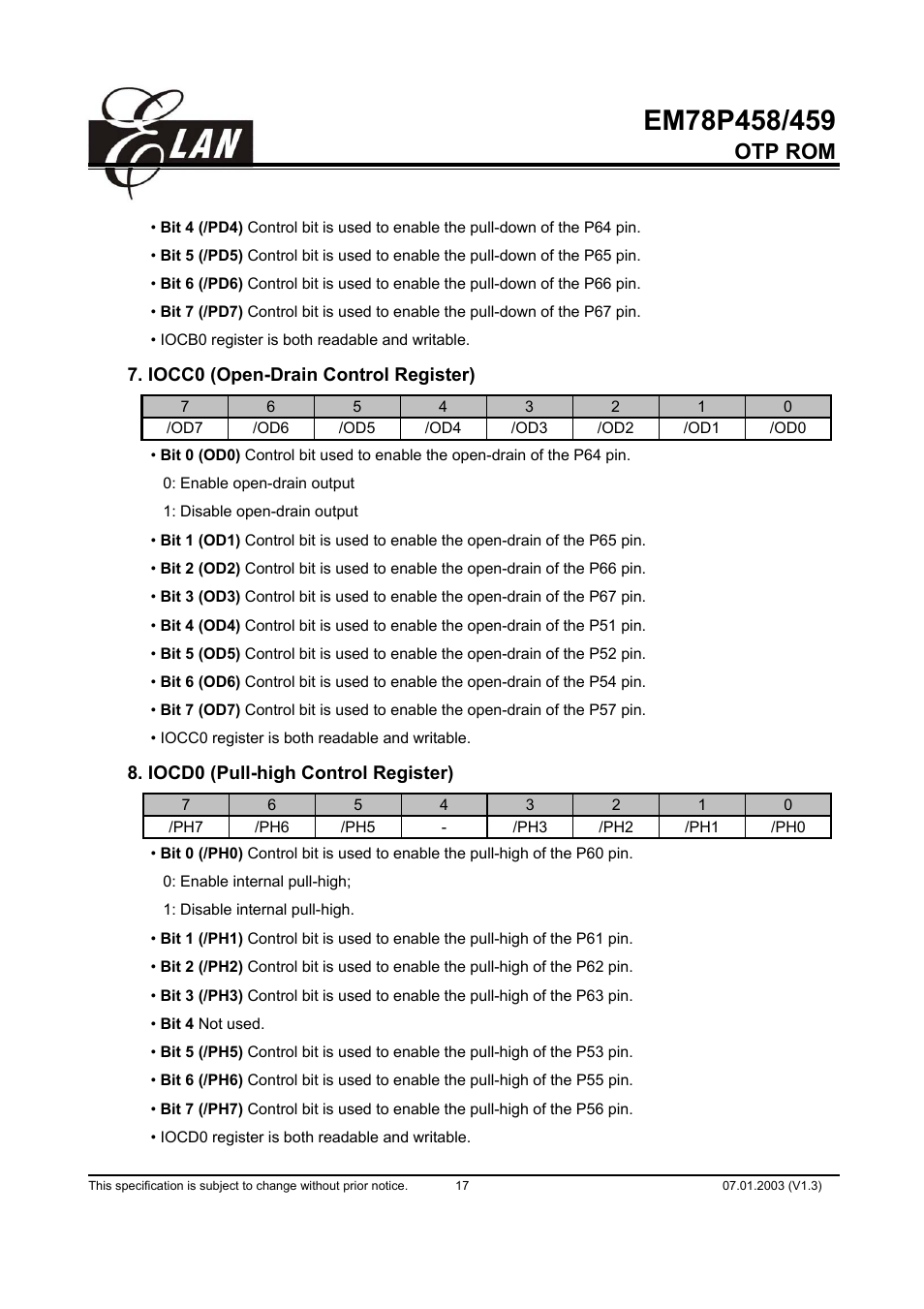 Otp rom | ELAN Home Systems EM78P458 User Manual | Page 17 / 60