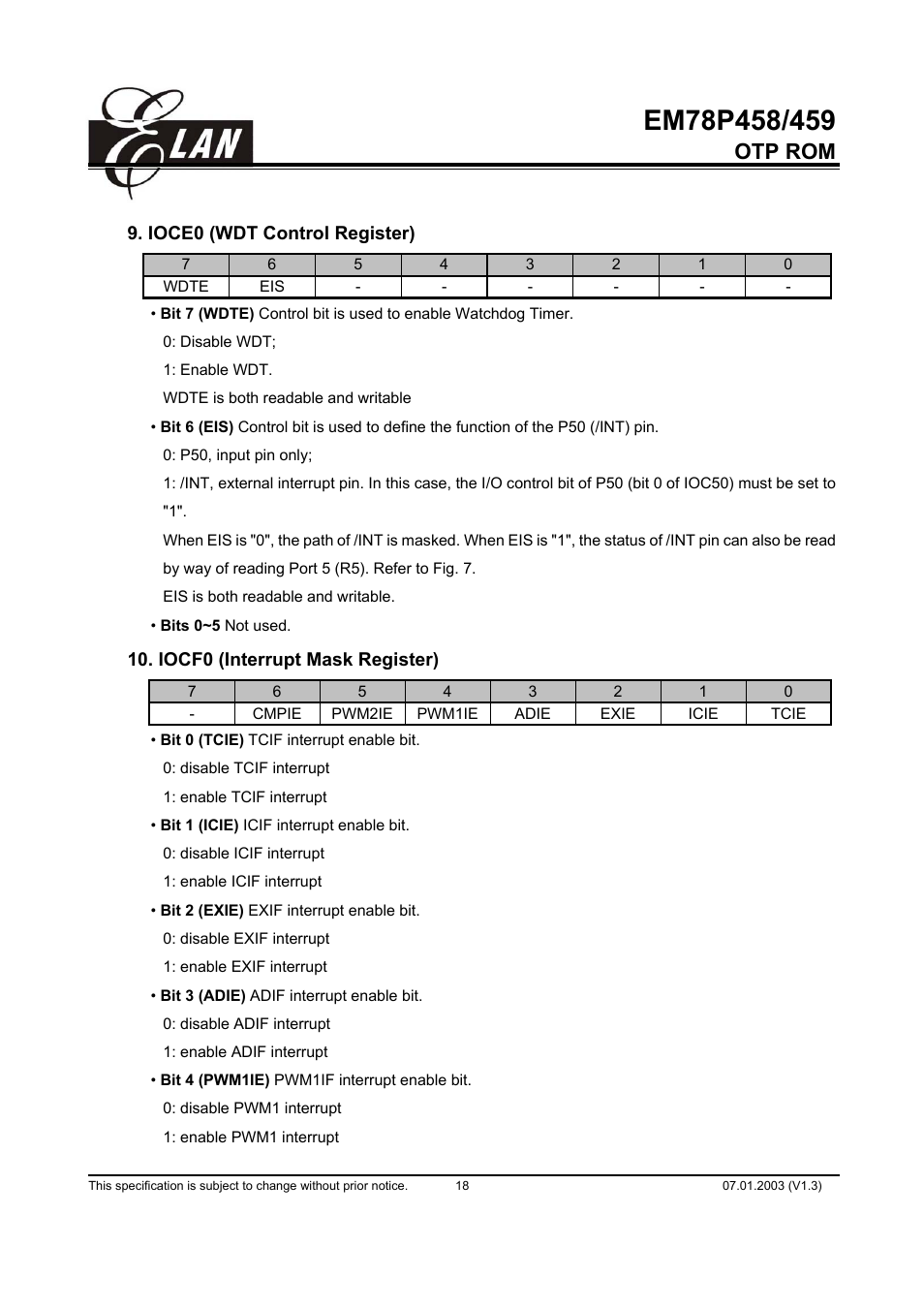Otp rom | ELAN Home Systems EM78P458 User Manual | Page 18 / 60
