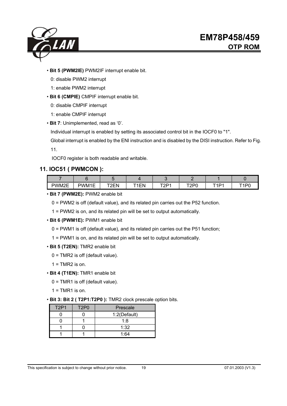 Otp rom | ELAN Home Systems EM78P458 User Manual | Page 19 / 60