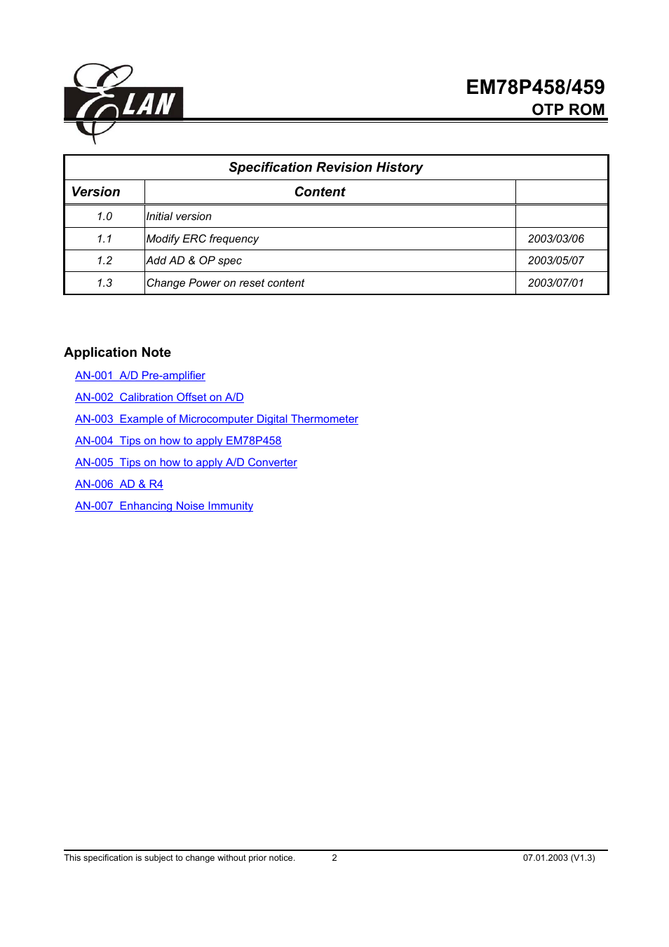 Otp rom | ELAN Home Systems EM78P458 User Manual | Page 2 / 60