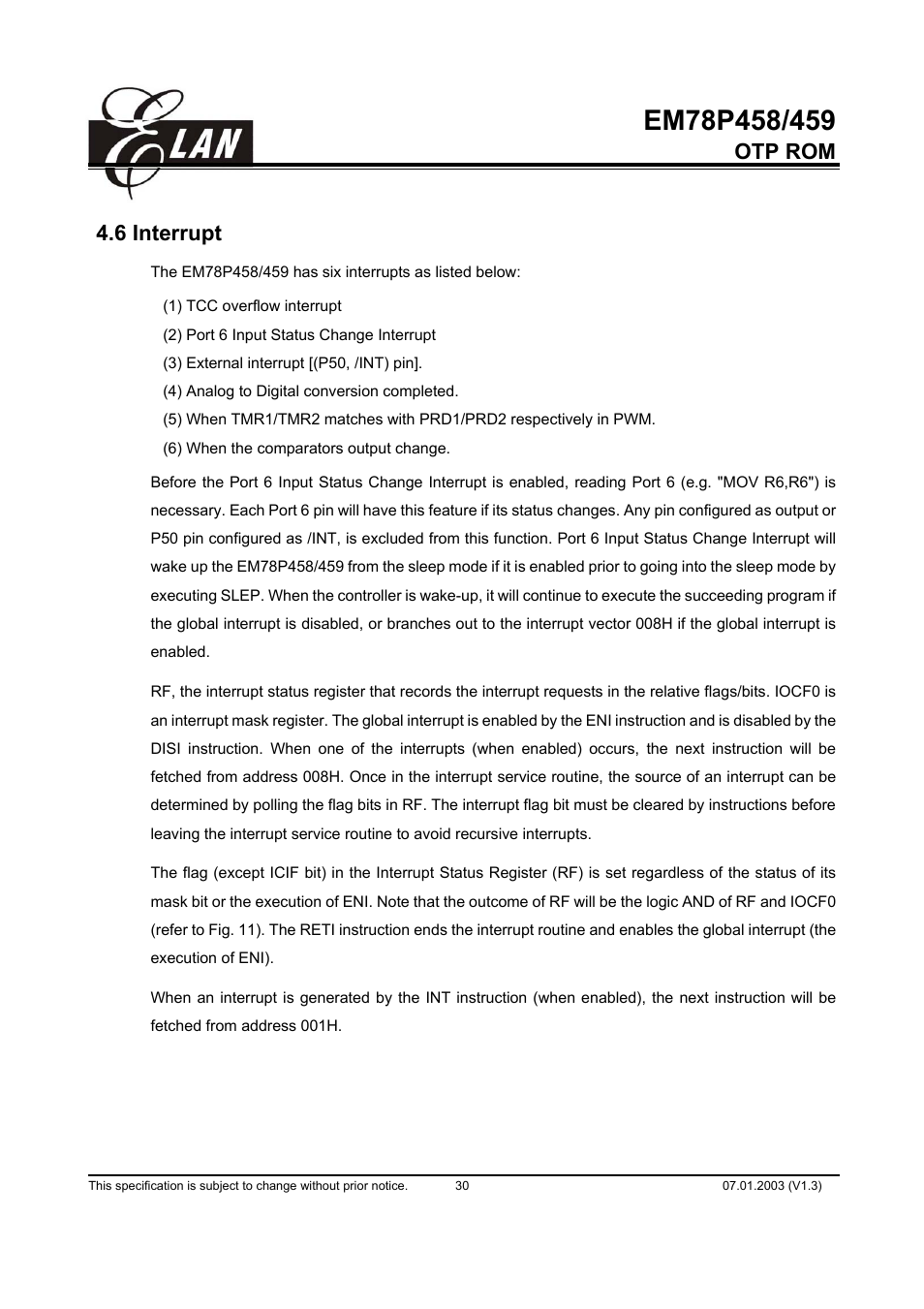 Otp rom 4.6 interrupt | ELAN Home Systems EM78P458 User Manual | Page 30 / 60