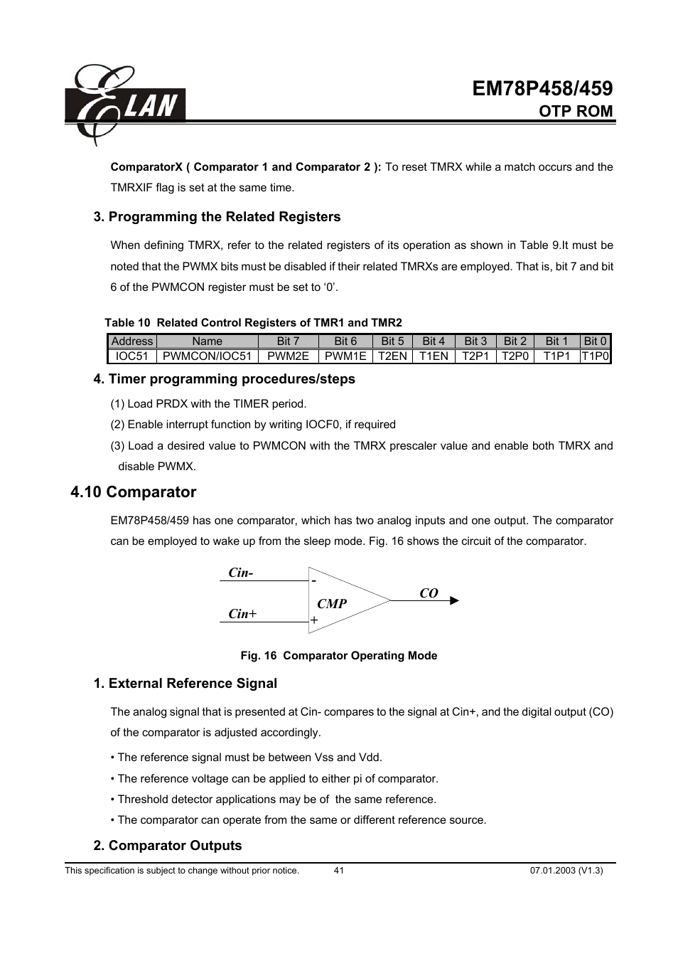 Otp rom, 10 comparator | ELAN Home Systems EM78P458 User Manual | Page 41 / 60