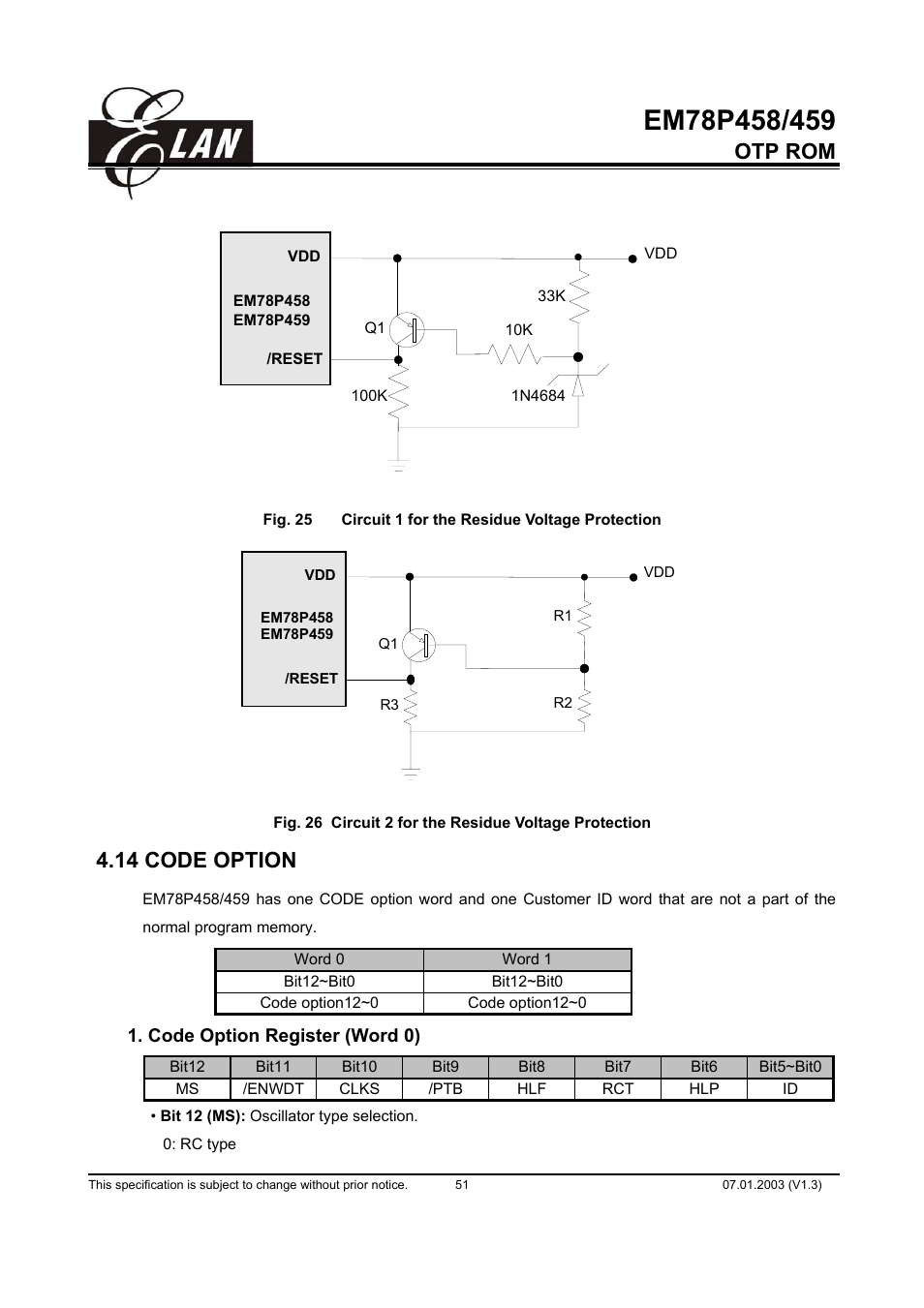 Otp rom, 14 code option | ELAN Home Systems EM78P458 User Manual | Page 51 / 60