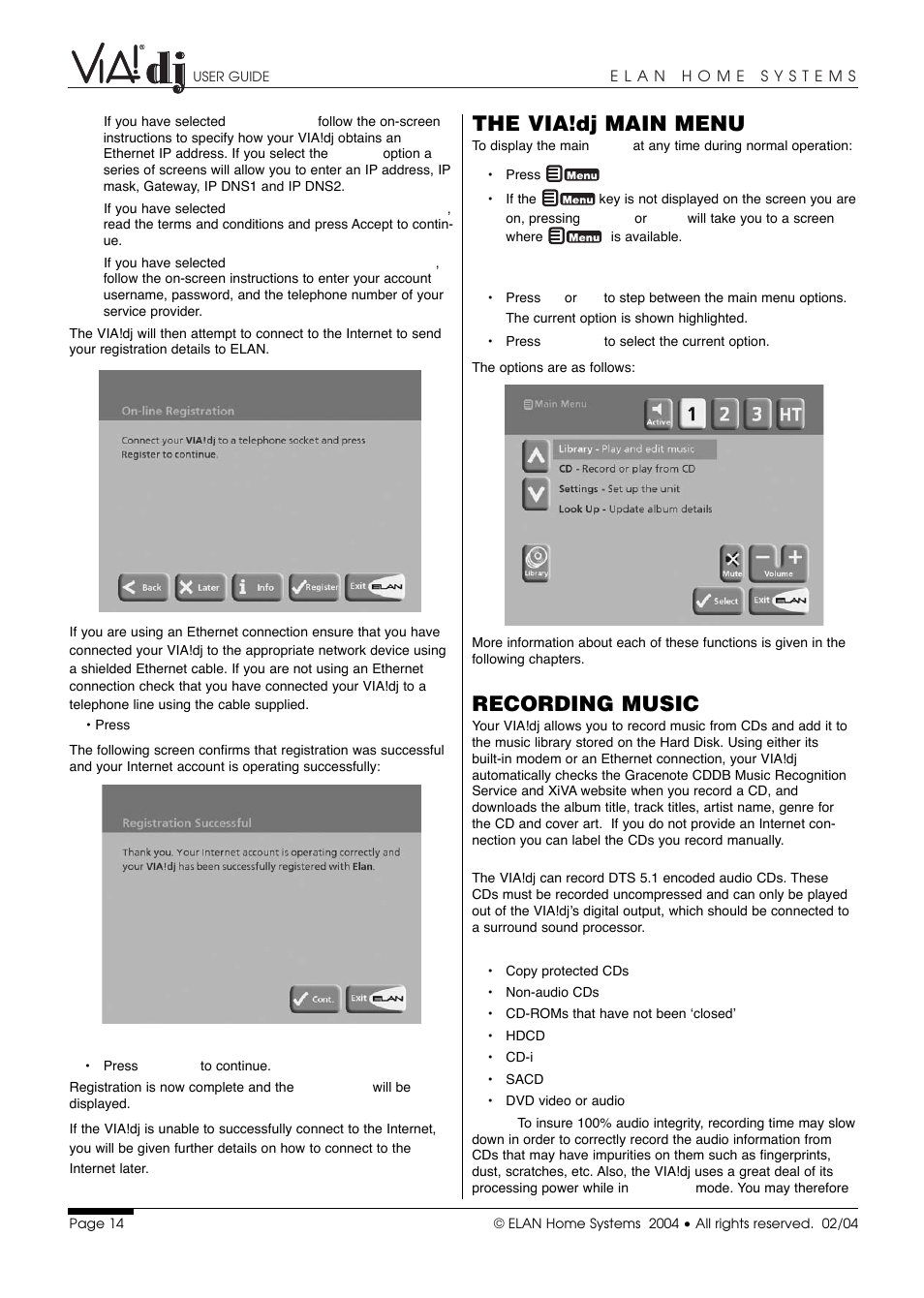 The via!dj main menu, Recording music | ELAN Home Systems Digital Music Server User Manual | Page 15 / 37