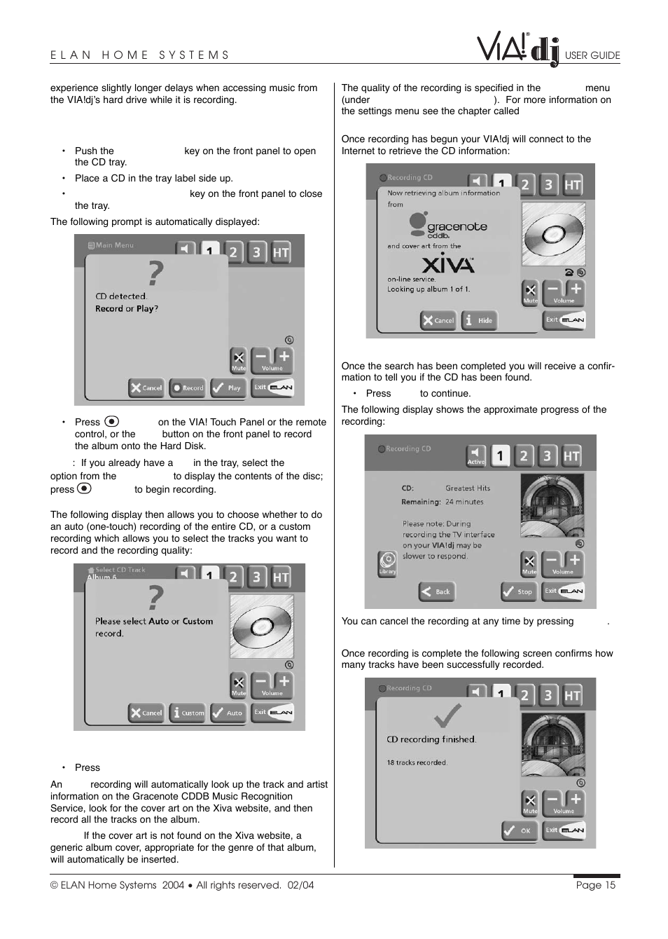 Recording from a cd | ELAN Home Systems Digital Music Server User Manual | Page 16 / 37