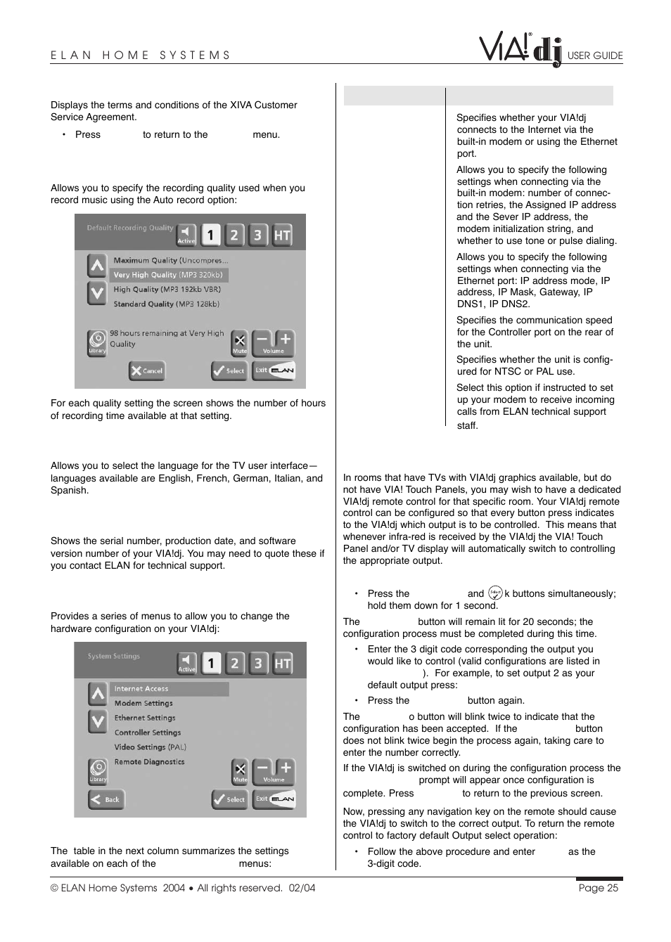 Terms and conditions, Default recording quality, Language | System information, System settings, Dedicated remote control use in a multiroom system | ELAN Home Systems Digital Music Server User Manual | Page 26 / 37
