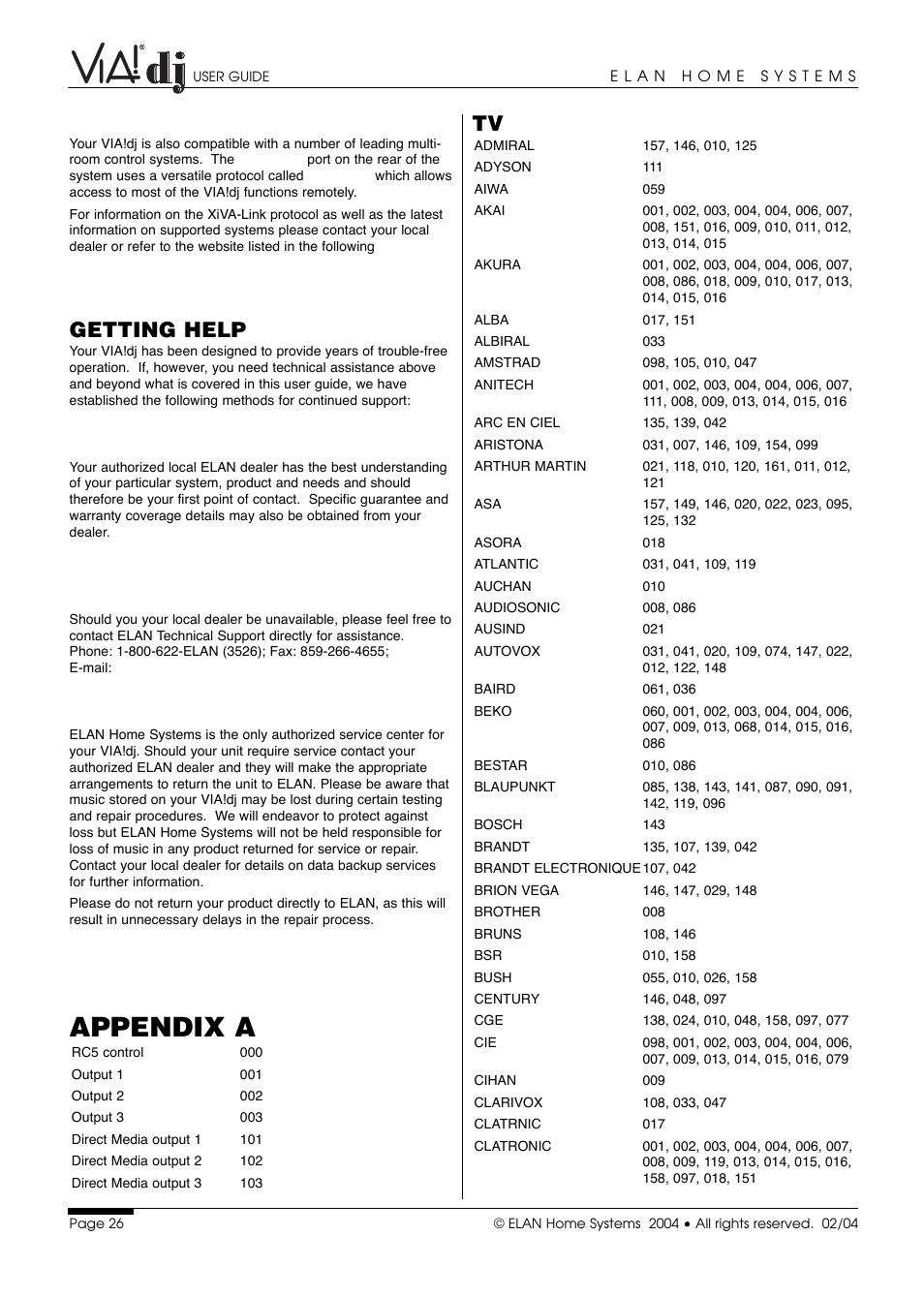 Appendix a, Getting help, Other multiroom control systems | Your dealer, Elan home systems technical support, Service | ELAN Home Systems Digital Music Server User Manual | Page 27 / 37