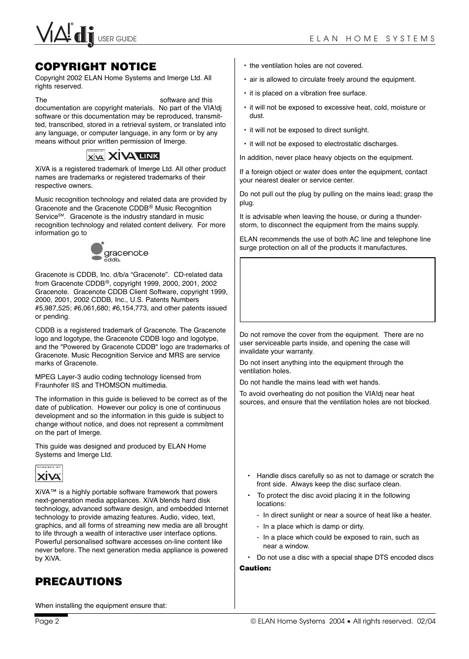 Warning, Copyright notice, Precautions | General precautions, Cd handling precautions | ELAN Home Systems Digital Music Server User Manual | Page 3 / 37