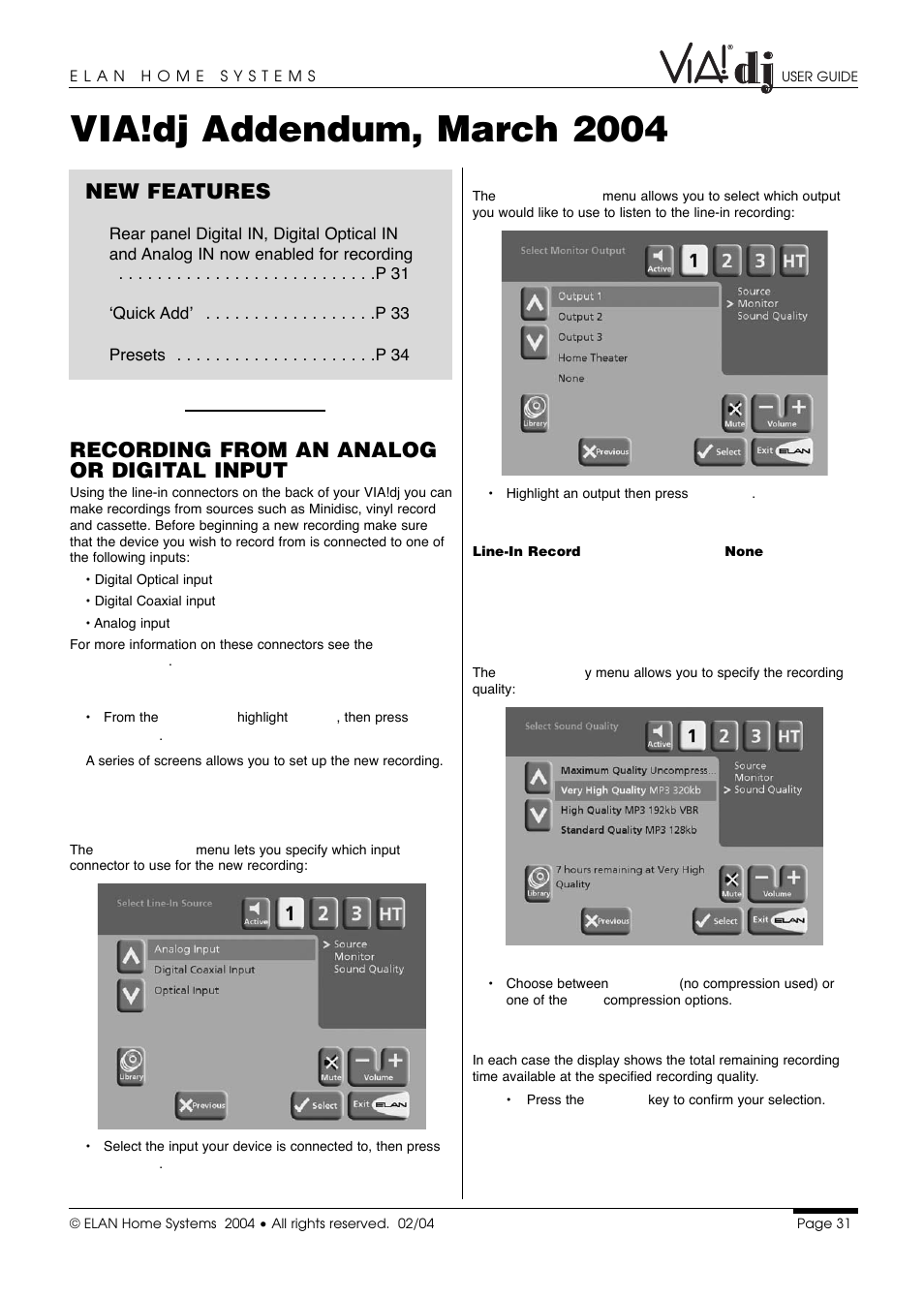 Via!dj addendum, march 2004, New features, Recording from an analog or digital input | ELAN Home Systems Digital Music Server User Manual | Page 32 / 37