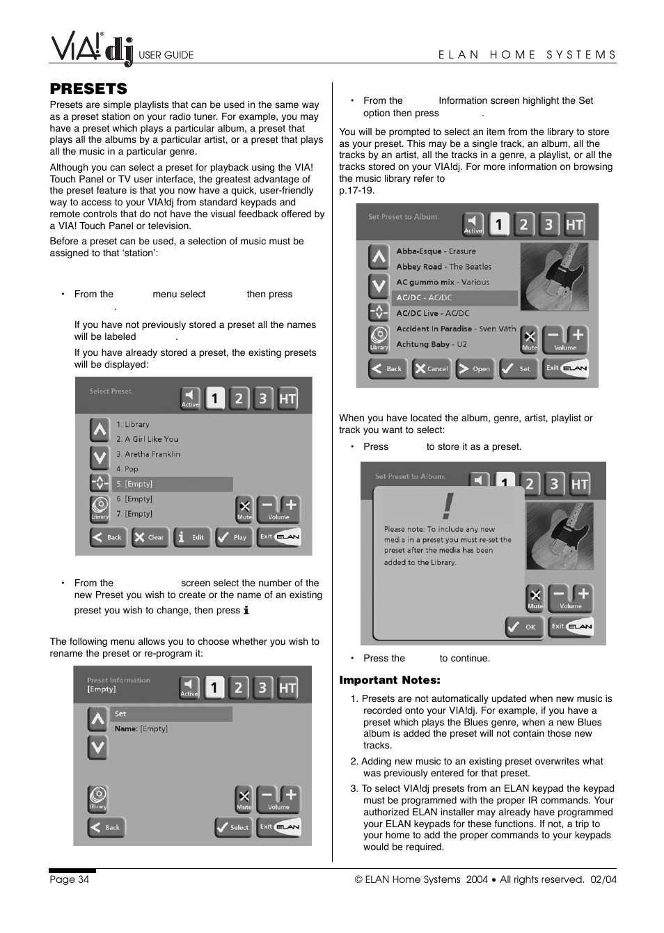 Presets | ELAN Home Systems Digital Music Server User Manual | Page 35 / 37