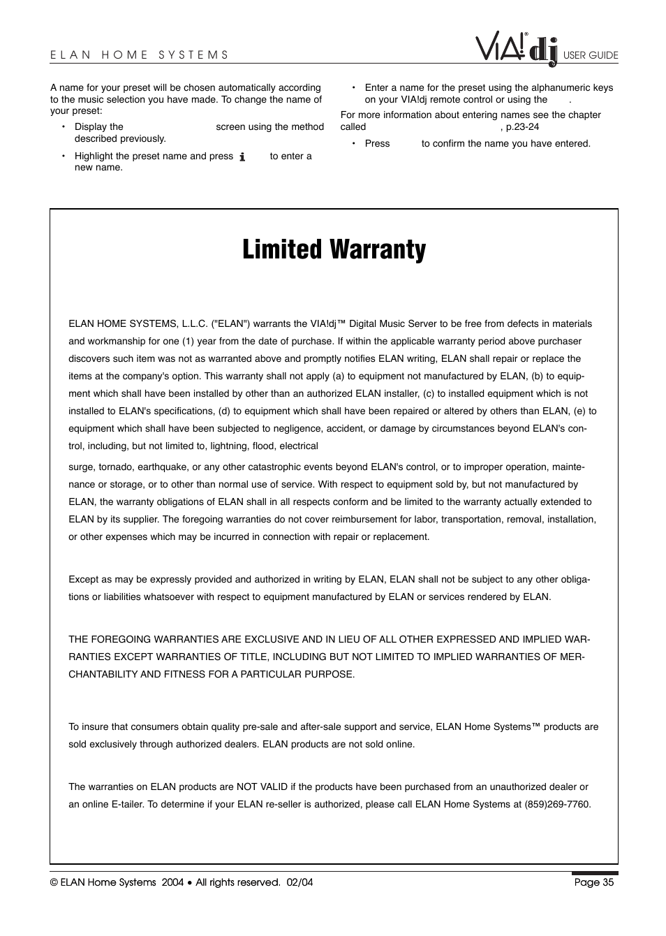 Limited warranty | ELAN Home Systems Digital Music Server User Manual | Page 36 / 37