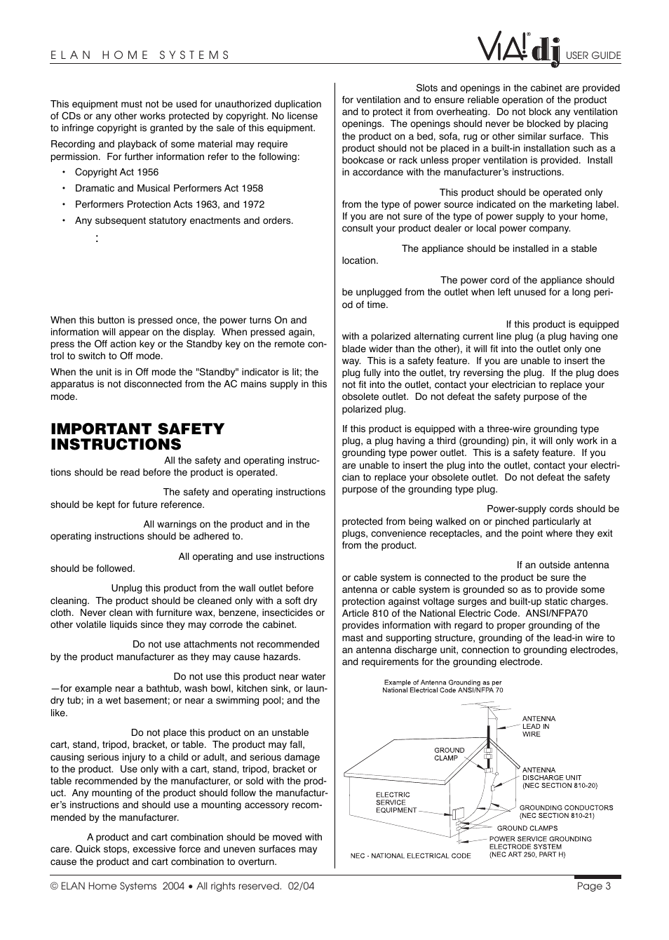 Important safety instructions, Copyright notice, Standby button | ELAN Home Systems Digital Music Server User Manual | Page 4 / 37
