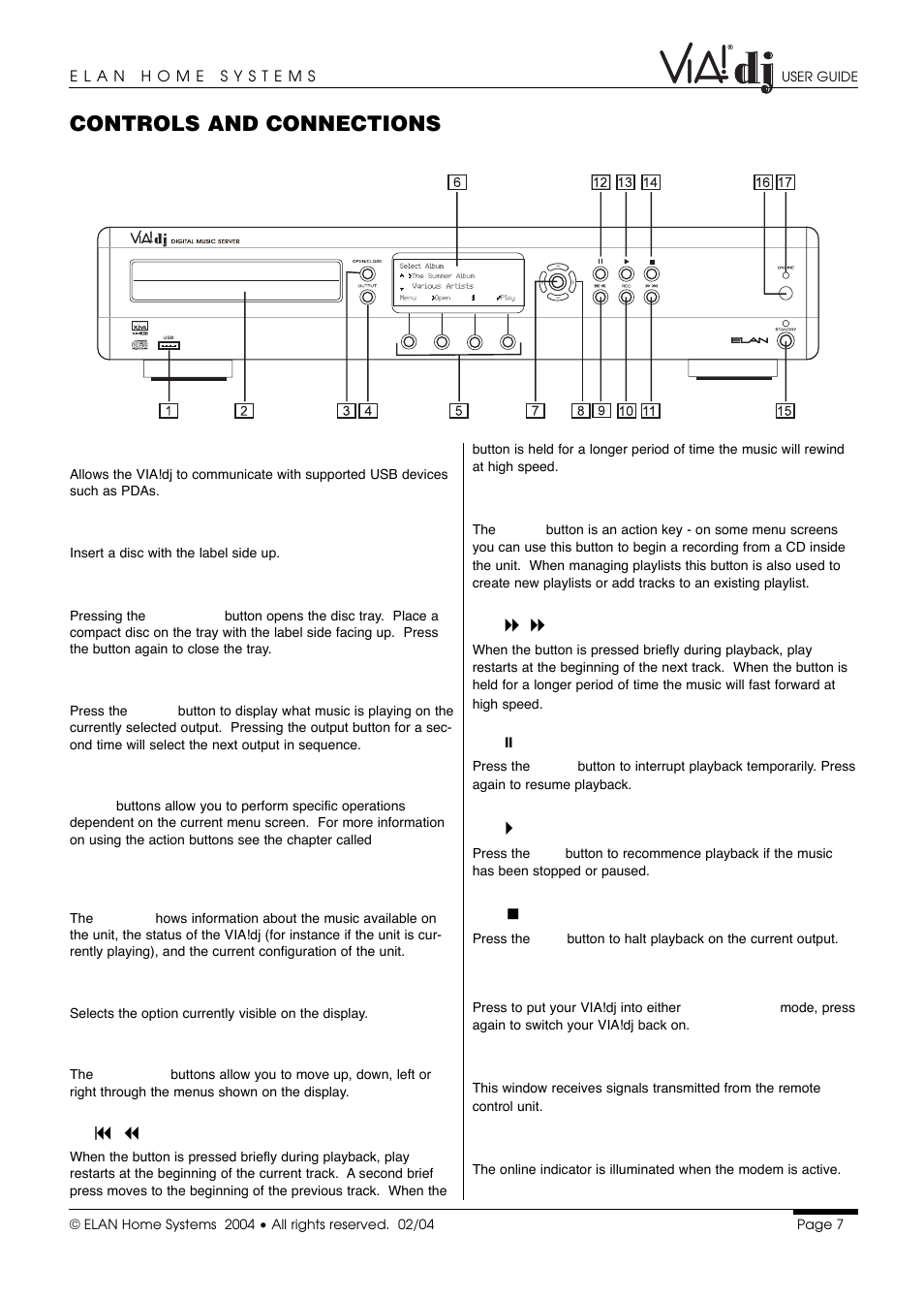 Controls and connections | ELAN Home Systems Digital Music Server User Manual | Page 8 / 37
