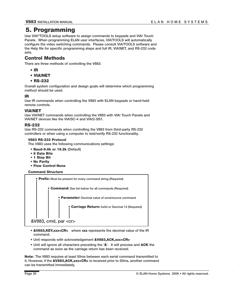 Programming, Control methods, V883, cmd, par <cr | ELAN Home Systems V883 User Manual | Page 22 / 32
