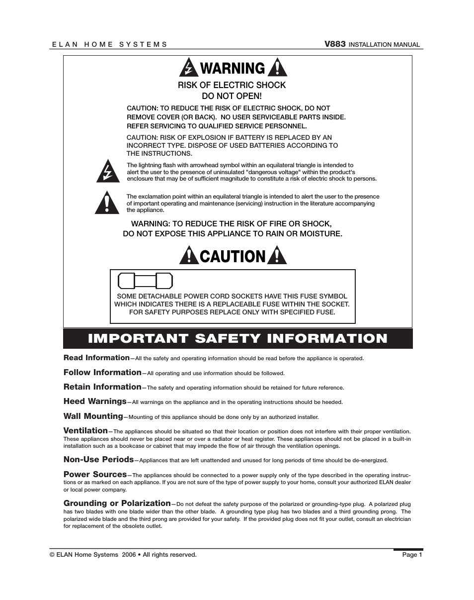 Caution, Warning, Important safety information | ELAN Home Systems V883 User Manual | Page 3 / 32