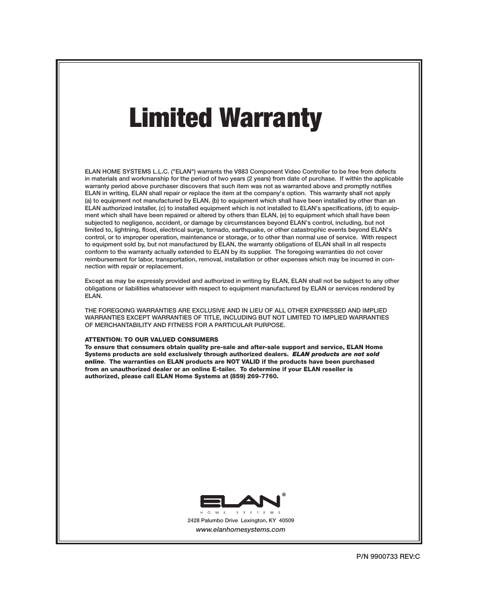 Limited warranty | ELAN Home Systems V883 User Manual | Page 32 / 32