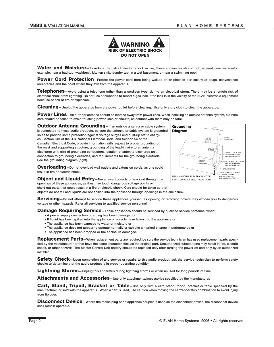 Warning, V883, Water and moisture | Power cord protection, Telephones, Cleaning, Power lines, Outdoor antenna grounding, Overloading, Object and liquid entry | ELAN Home Systems V883 User Manual | Page 4 / 32