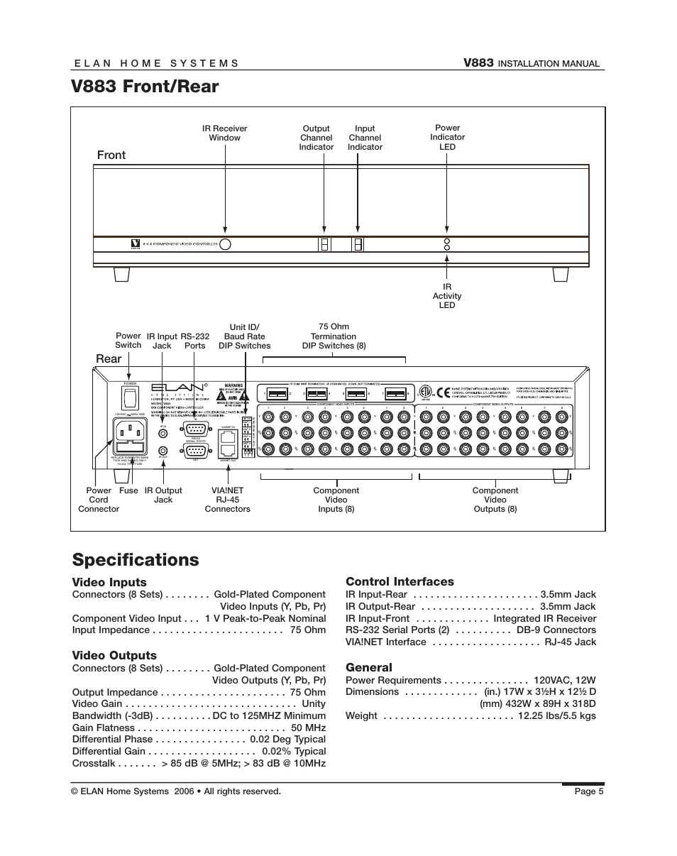 V883 front/rear specifications, V883, Front rear | Video inputs, Video outputs, Control interfaces, General, Installation manual | ELAN Home Systems V883 User Manual | Page 7 / 32