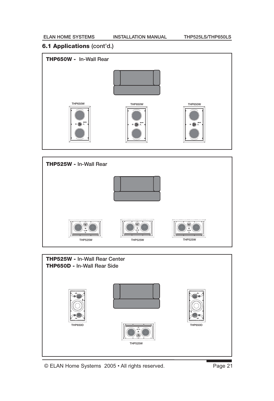 1 applications (cont’d.), Thp650w - in-wall rear, Thp525w - in-wall rear | ELAN Home Systems THP650LS User Manual | Page 23 / 28