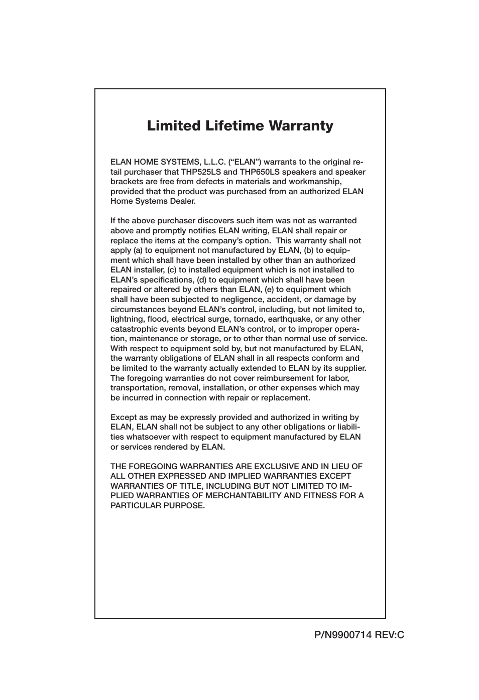Limited lifetime warranty | ELAN Home Systems THP650LS User Manual | Page 28 / 28