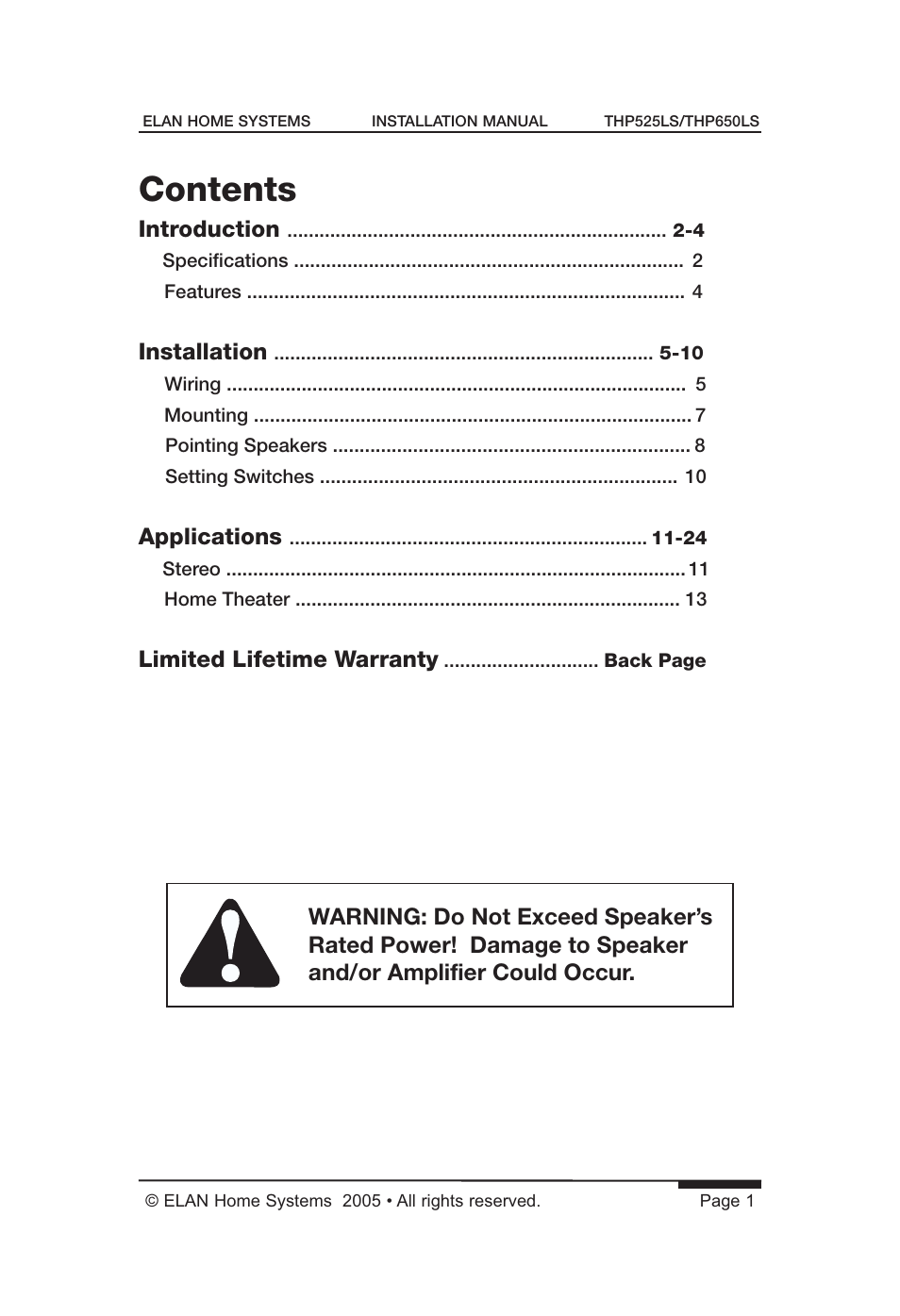 ELAN Home Systems THP650LS User Manual | Page 3 / 28