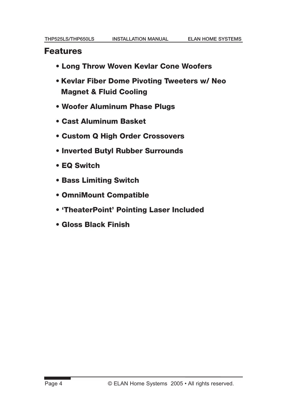 Features | ELAN Home Systems THP650LS User Manual | Page 6 / 28