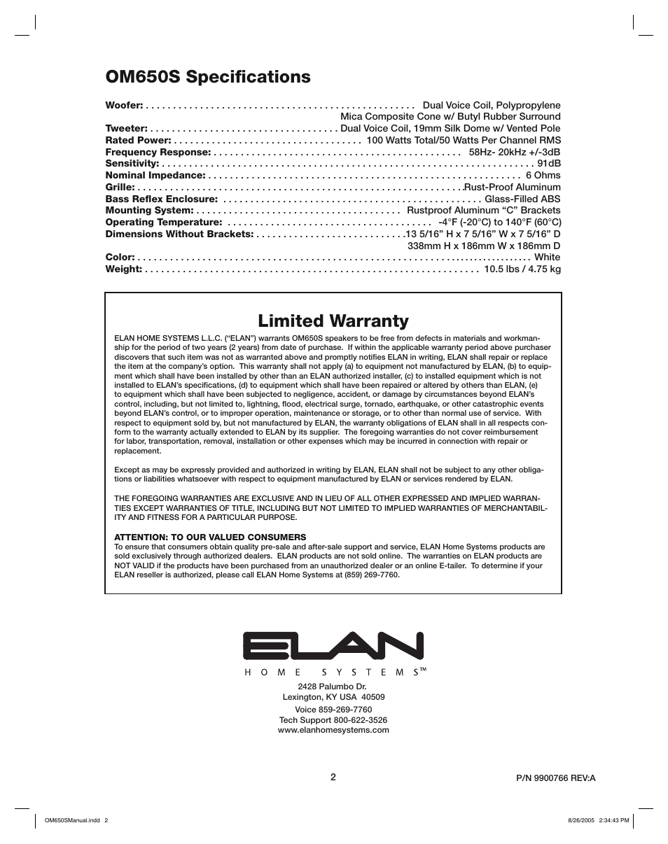 Om650s speciﬁ cations, Limited warranty | ELAN Home Systems AMPLIFIER OM650S User Manual | Page 2 / 3